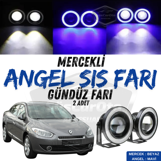 Renault Fluence 2009-2016 Uyumlu Üniversal Mercekli Angel Sis Farı Metal Su Geçirmez 76 mm Mavi Halkalı Gündüz Farı Angel Eyes 2 Adet image 0