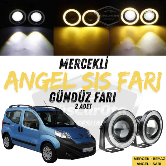 Citroen Nemo 2008-2022 Uyumlu Üniversal Mercekli Angel Sis Farı Metal Su Geçirmez 76 mm Sarı Halkalı Gündüz Farı Angel Eyes 2 Adet image 0