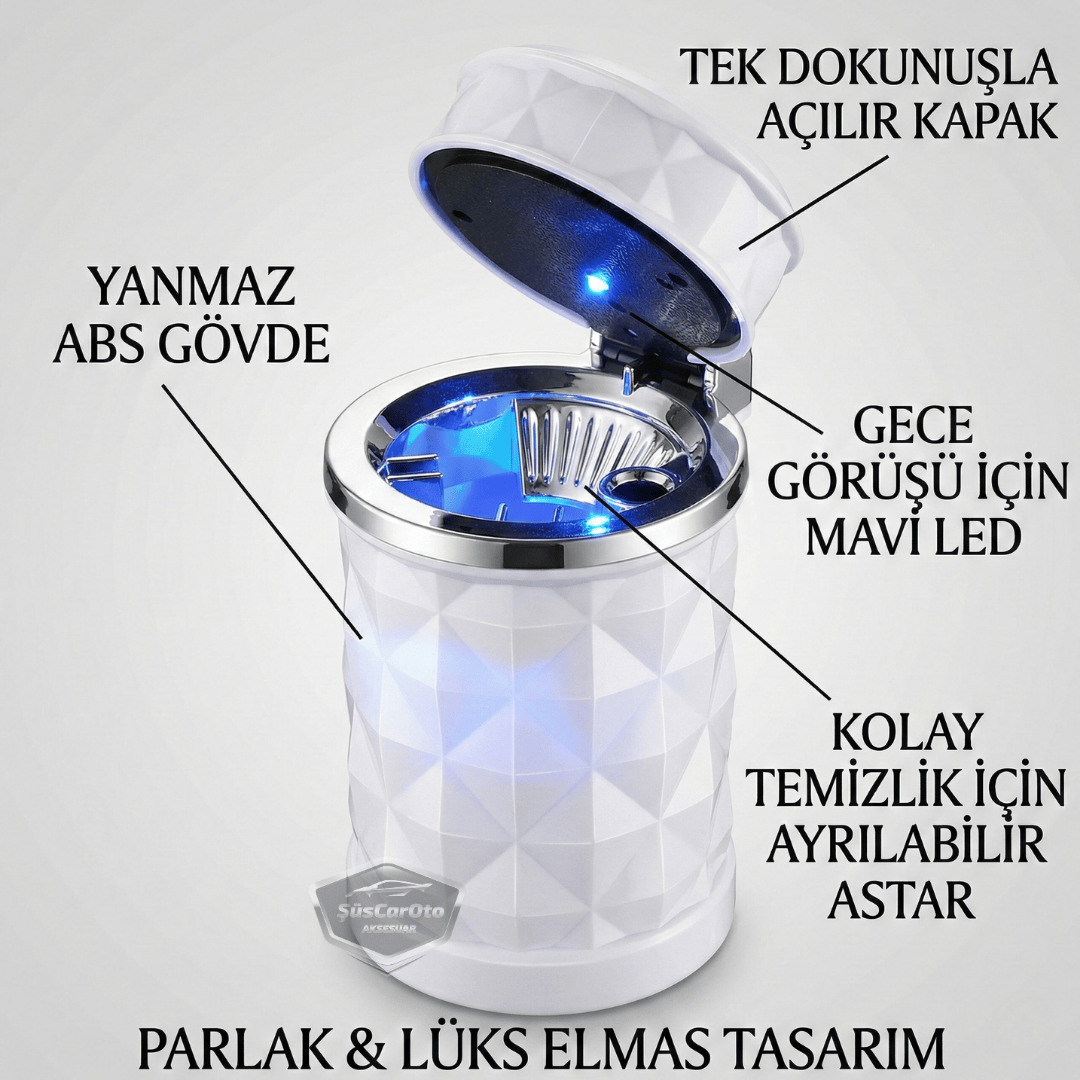 Üniversal Kristal Pırlanta Taş Görünümlü Mavi Led Işıklı Lüx Oto Küllük Kapaklı Spor Araç İçi Küllük Araba Küllüğü Beyaz image 1