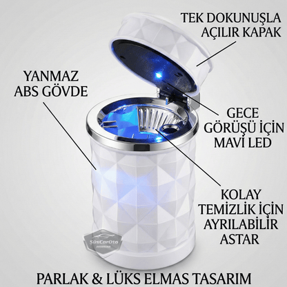 Üniversal Kristal Pırlanta Taş Görünümlü Mavi Led Işıklı Lüx Oto Küllük Kapaklı Spor Araç İçi Küllük Araba Küllüğü Beyaz image 1