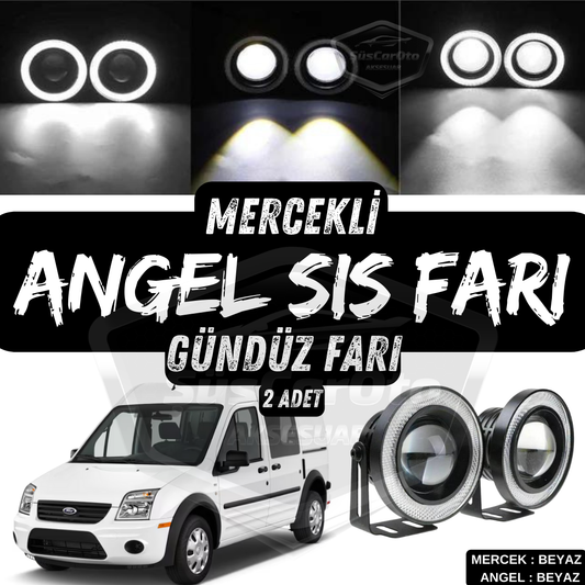 Ford Transit Connect 2002-2013 Uyumlu Üniversal Mercekli Angel Sis Farı Metal Su Geçirmez 76 mm Beyaz Halkalı Gündüz Farı Angel Eyes 2 Adet image 0