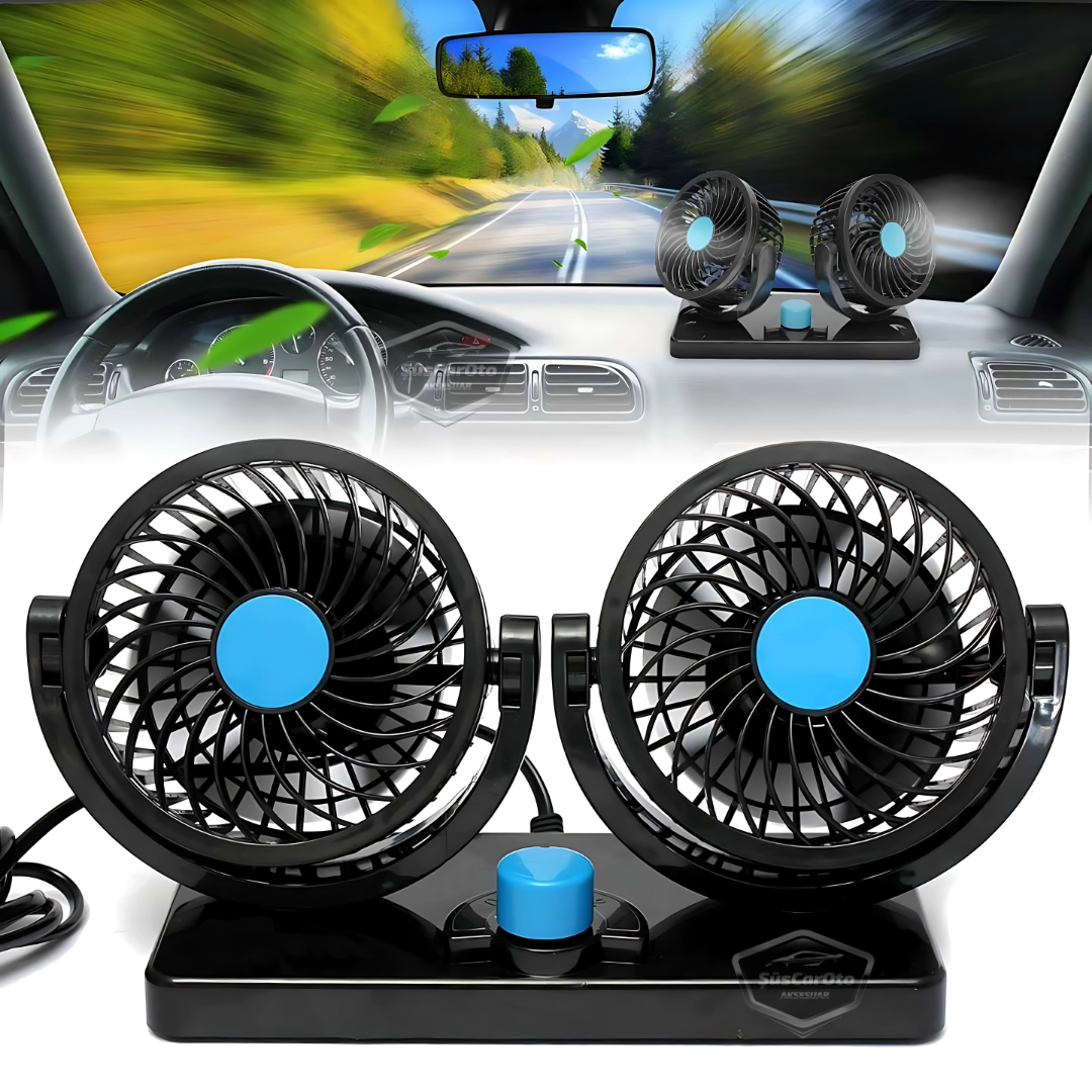 Üniversal Oto Ofis Araç İçi Torpido Üstü Vantilatör Çift Başlıklı Çakmaklık Girişli 2 Kademeli Soğutucu Fan 360° Dönebilen Ultra Sessiz Araç Fanı 12V Mavi image 9