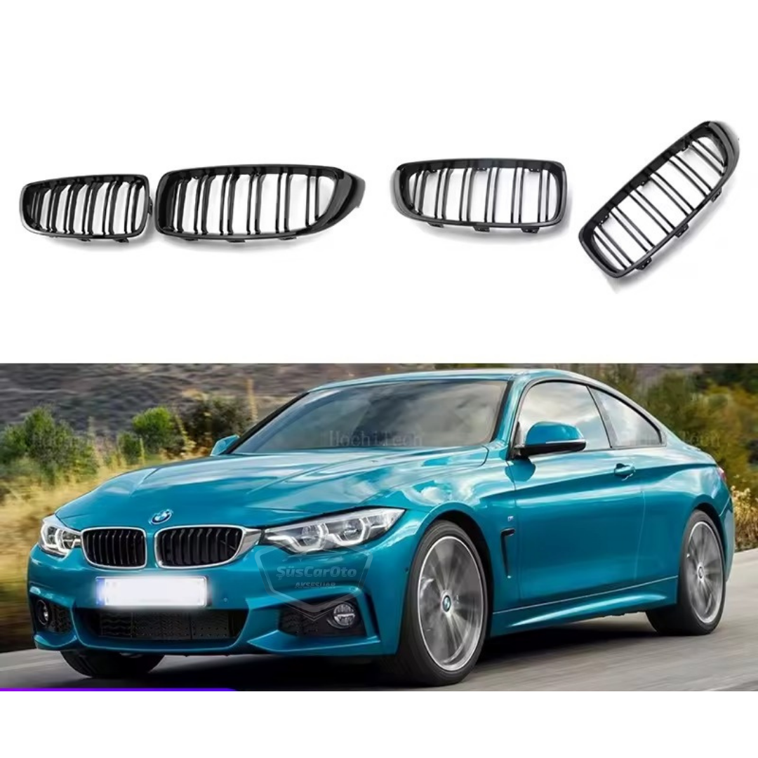 Bmw 4 Serisi F32 F33 F36 2013-2019 Uyumlu Ön Panjur Böbrek M4 Görünüm Izgara Çift Çizgi İthal Piano Black 1.Sınıf Sağ Sol Takım image 2