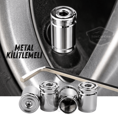 Kilitlemeli Sibop Kapağı Alyanlı Sibop Kapağı Araba Motosiklet Bisiklet Metal Sıkmalı Silver Gümüş 4 lü Set image 0