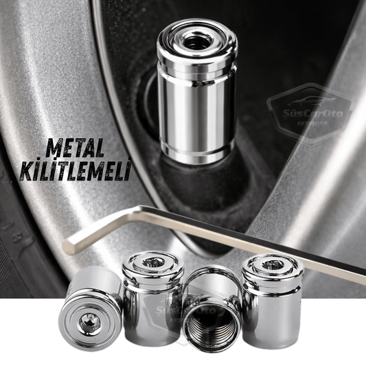Kilitlemeli Sibop Kapağı Alyanlı Sibop Kapağı Araba Motosiklet Bisiklet Metal Sıkmalı Silver Gümüş 4 lü Set image 0