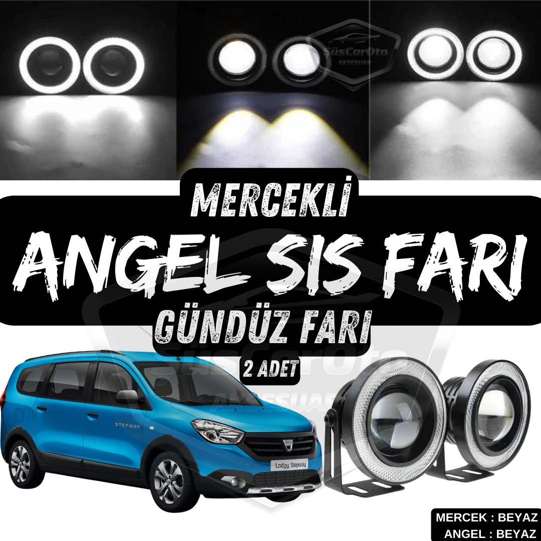 Dacia Lodgy 2012-2022 Uyumlu Üniversal Mercekli Angel Sis Farı Metal Su Geçirmez 76 mm Beyaz Halkalı Gündüz Farı Angel Eyes 2 Adet image 0