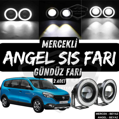 Dacia Lodgy 2012-2022 Uyumlu Üniversal Mercekli Angel Sis Farı Metal Su Geçirmez 76 mm Beyaz Halkalı Gündüz Farı Angel Eyes 2 Adet image 0