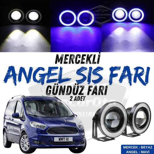 Ford Courier 2014-2023 Uyumlu Üniversal Mercekli Angel Sis Farı Metal Su Geçirmez 76 mm Mavi Halkalı Gündüz Farı Angel Eyes 2 Adet image 0