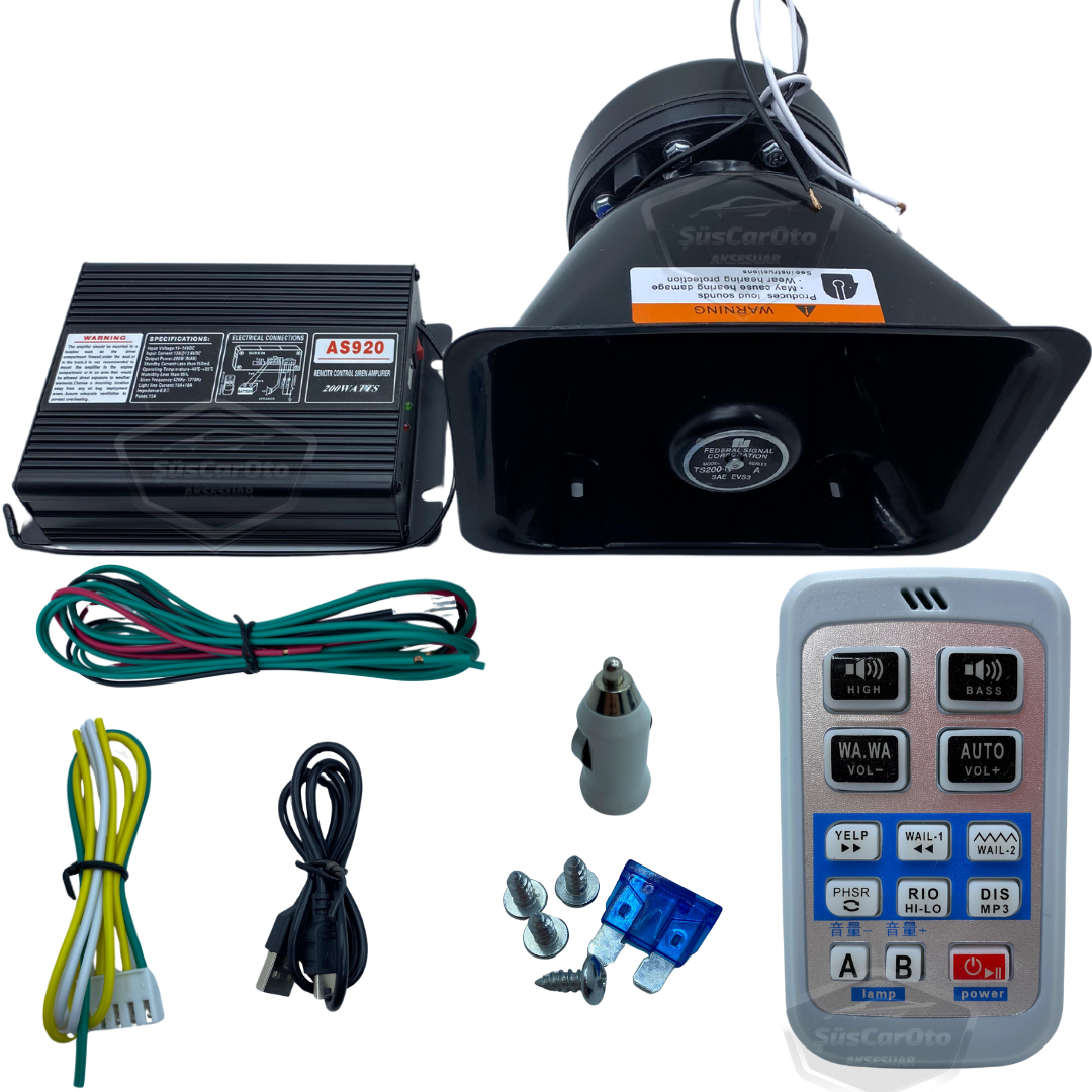 Profesyonel Polis Sireni Uzaktan Kumandalı Güçlü Siren Kablosuz Wireless Kontrol Korna Megafonlu Mikrofonlu Metal 200W 12V AS920 image 0