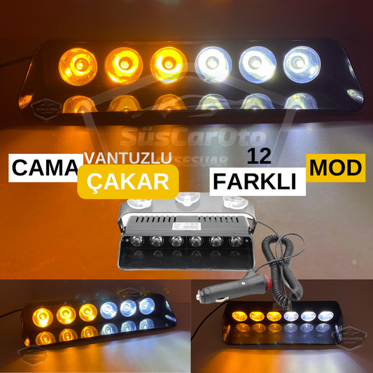 S6 Cam İçi Vantuzlu Ambulans İtfaiye Çakar Lamba İkaz Lambası 6 Ledli 12 Farklı Mod Sarı Beyaz Çakmaklık Girişli image 0