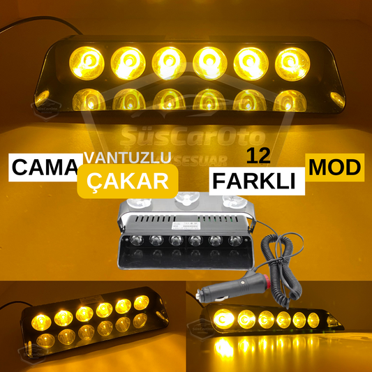 S6 Cam İçi Vantuzlu Ambulans İtfaiye Çakar Lamba İkaz Lambası 6 Ledli 12 Farklı Mod Sarı Çakmaklık Girişli image 0