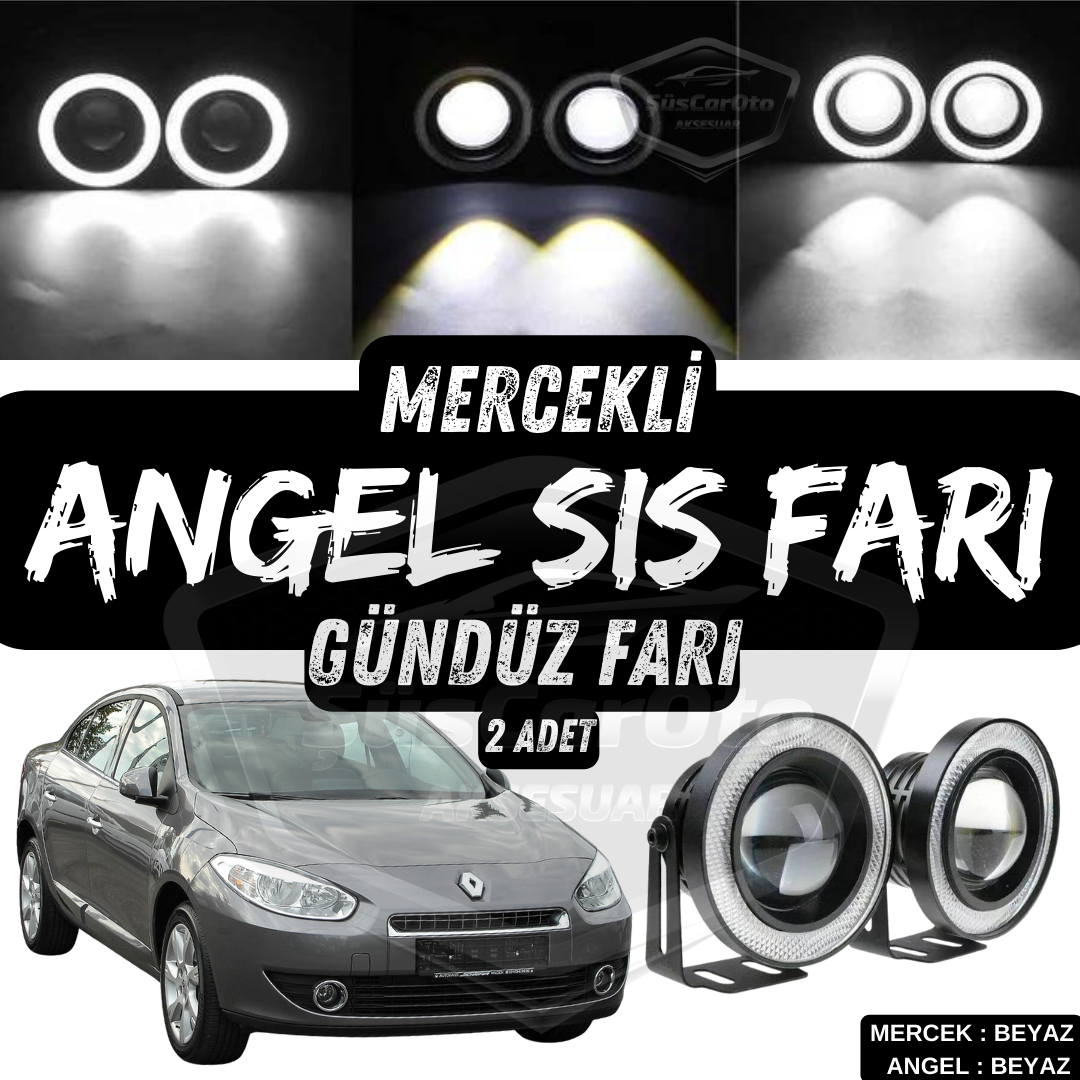 Renault Fluence 2009-2016 Uyumlu Üniversal Mercekli Angel Sis Farı Metal Su Geçirmez 76 mm Beyaz Halkalı Gündüz Farı Angel Eyes 2 Adet image 0
