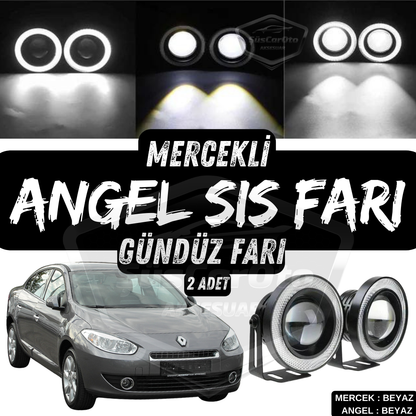 Renault Fluence 2009-2016 Uyumlu Üniversal Mercekli Angel Sis Farı Metal Su Geçirmez 76 mm Beyaz Halkalı Gündüz Farı Angel Eyes 2 Adet image 0