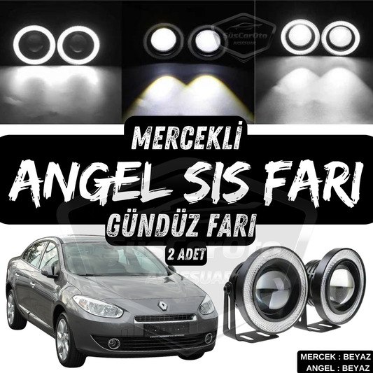 Renault Fluence 2009-2016 Uyumlu Üniversal Mercekli Angel Sis Farı Metal Su Geçirmez 76 mm Beyaz Halkalı Gündüz Farı Angel Eyes 2 Adet image 0