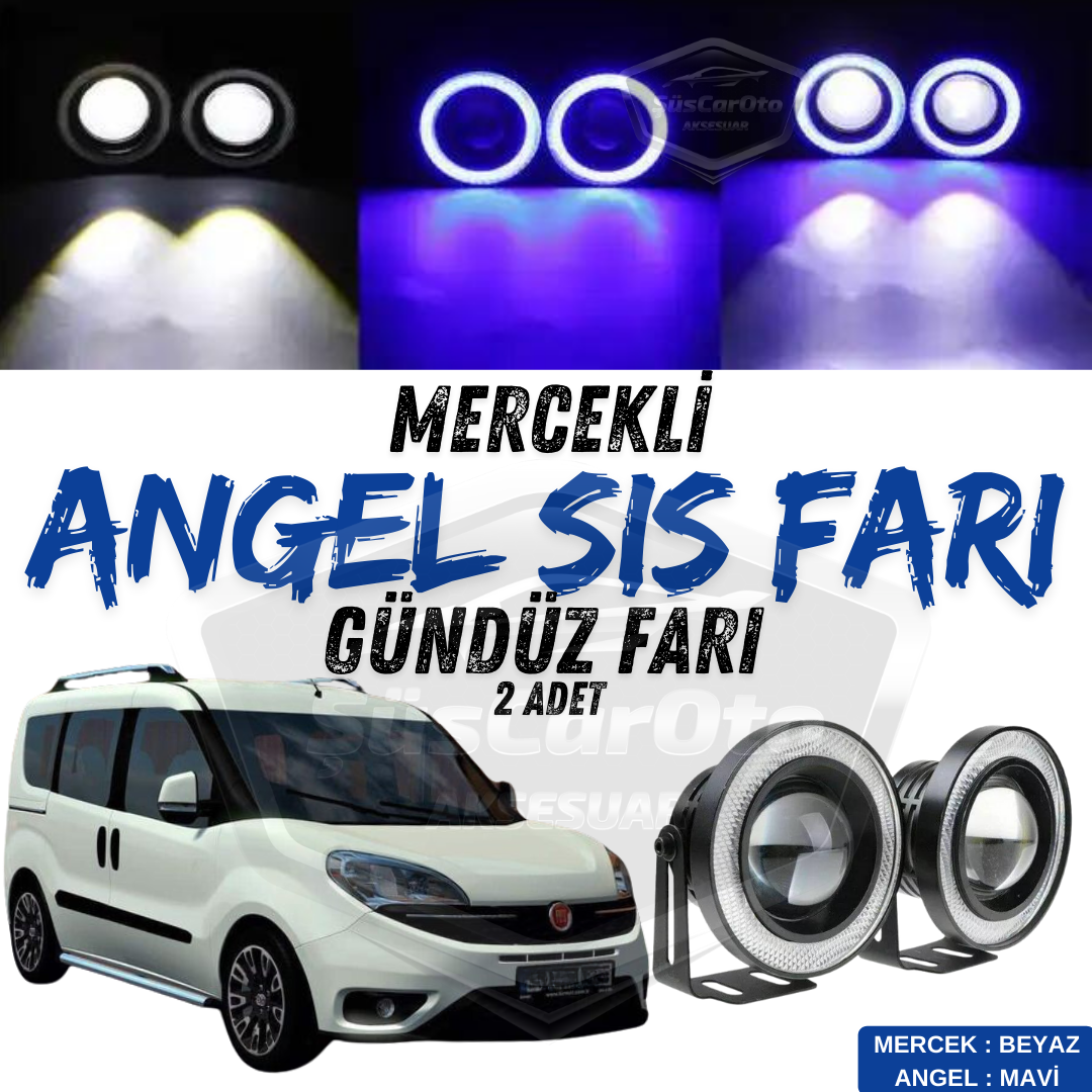 Fiat Doblo D4 2015-2021 Uyumlu Üniversal Mercekli Angel Sis Farı Metal Su Geçirmez 76 mm Mavi Halkalı Gündüz Farı Angel Eyes 2 Adet image 0