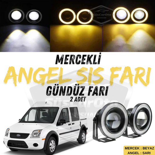 Ford Transit Connect 2002-2013 Uyumlu Üniversal Mercekli Angel Sis Farı Metal Su Geçirmez 76 mm Sarı Halkalı Gündüz Farı Angel Eyes 2 Adet image 0