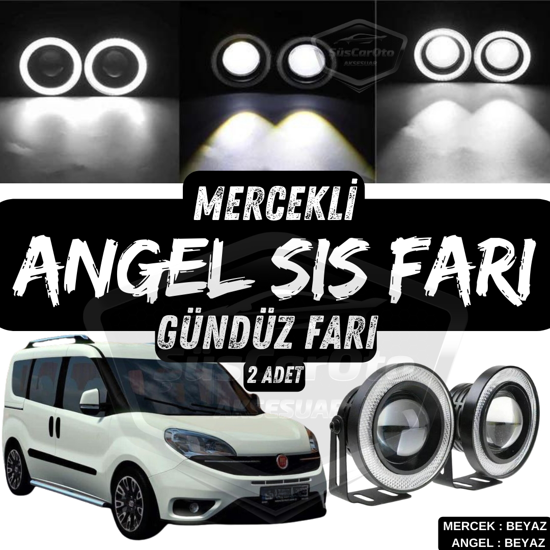 Fiat Doblo D4 2015-2021 Uyumlu Üniversal Mercekli Angel Sis Farı Metal Su Geçirmez 76 mm Beyaz Halkalı Gündüz Farı Angel Eyes 2 Adet image 0