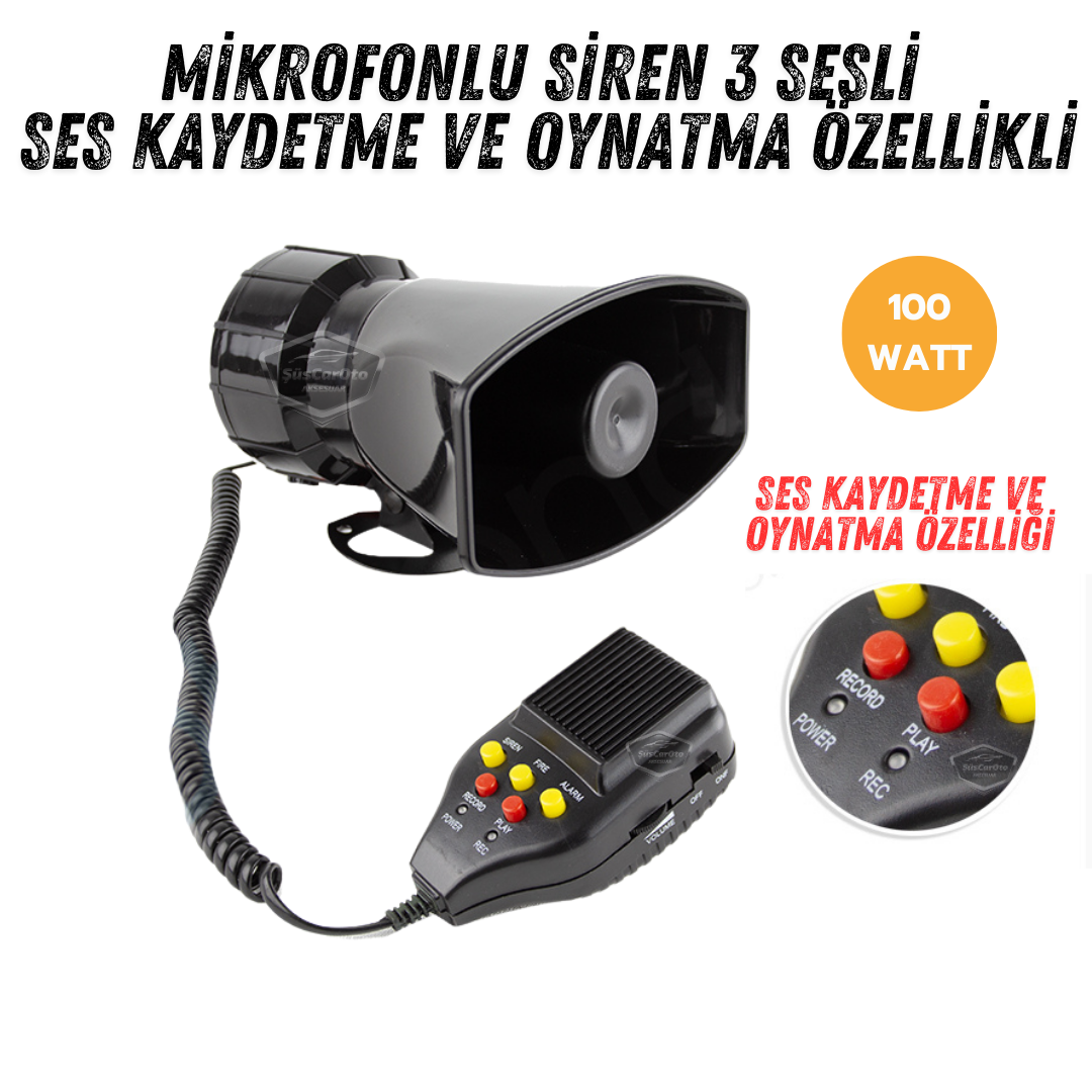 Her Araca Uyumlu Üniversal Ses Kaydetme ve Çalma Özellikli Siren 3 Farklı Siren Sesi Güçlü Polis Sireni Mikrofonlu Megafonlu Korna 12V 100W image 0