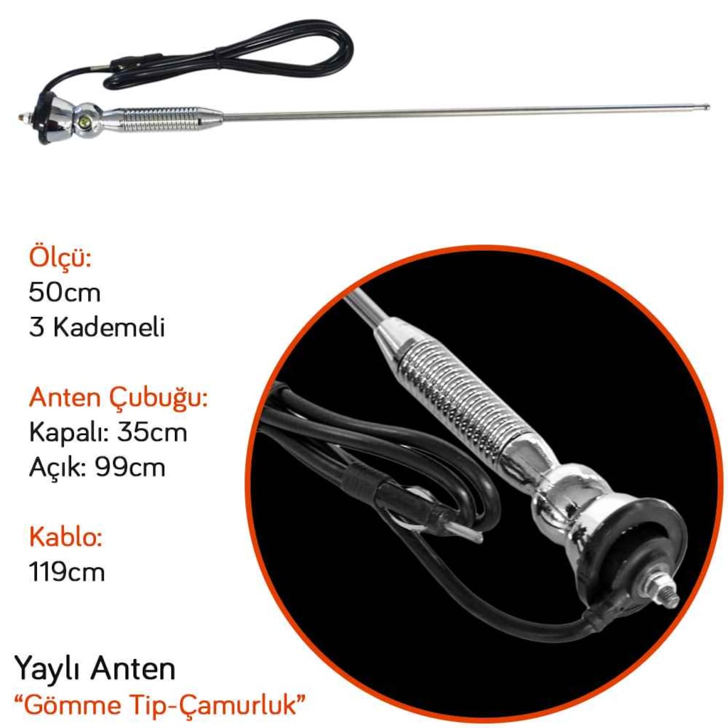 PMX Üniversal Yaylı Anten Gömme Nikel Krom Çamurluk Anteni Uzayabilen image 2