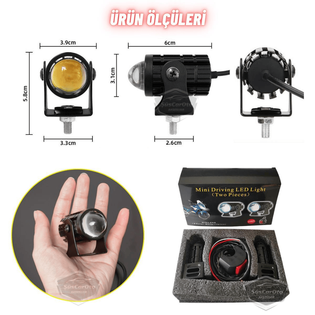 Motosiklet Mini Sis Farı Çift Renk Sarı-Beyaz Aç Kapa Düğmeli Scooter Araç Off Road Led Lamba 8V-80V Projektör Metal Kasa Arazi Çalışma Lambası 2 Adet Set image 3