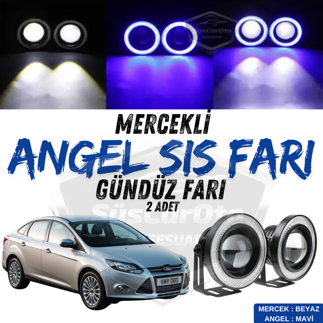 Ford Focus 3 2011-2014 Uyumlu Üniversal Mercekli Angel Sis Farı Metal Su Geçirmez 76 mm Mavi Halkalı Gündüz Farı Angel Eyes 2 Adet image 0