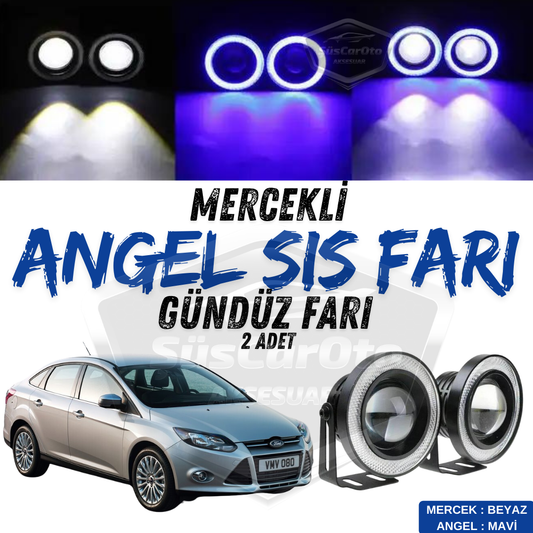 Ford Focus 3 2011-2014 Uyumlu Üniversal Mercekli Angel Sis Farı Metal Su Geçirmez 76 mm Mavi Halkalı Gündüz Farı Angel Eyes 2 Adet image 0