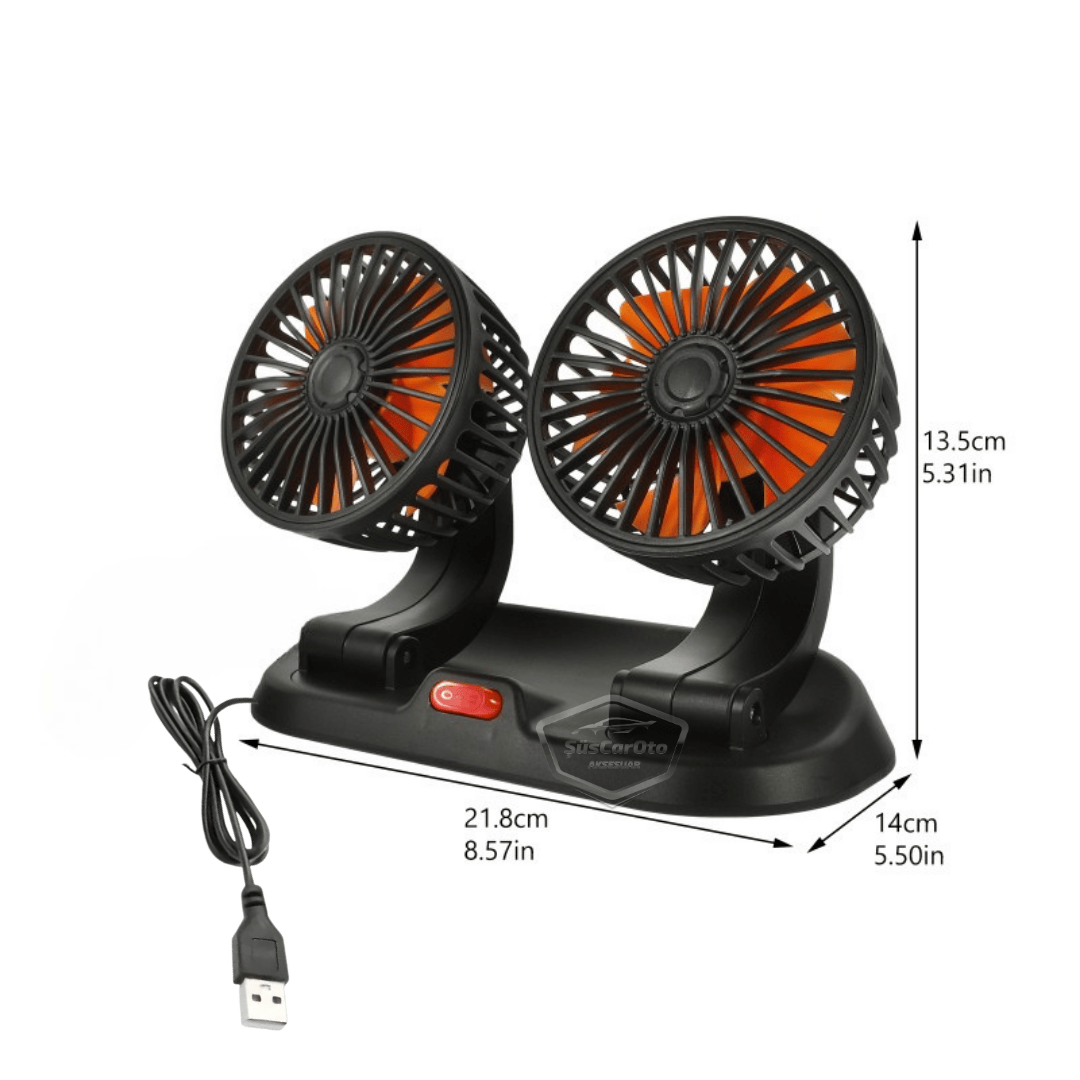 Üniversal Oto Ofis Araç İçi Torpido Üstü Vantilatör Çift Başlıklı USB Girişli 2 Kademeli Soğutucu Fan 360° Dönebilen Ultra Sessiz Oynar Başlıklı Araç Fanı image 2