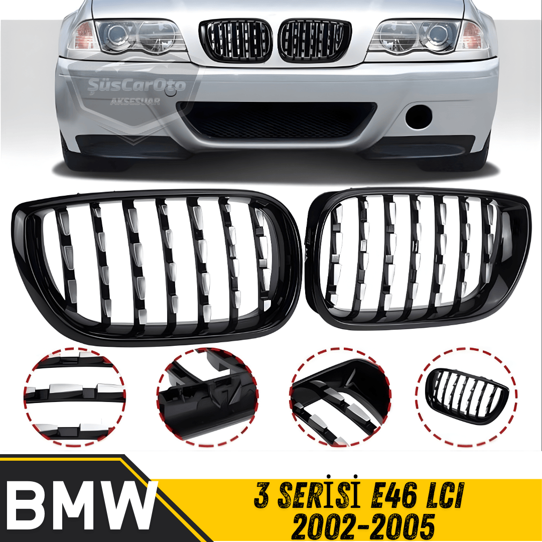 Bmw 3 Serisi E46 LCI 2002-2005 Uyumlu Ön Panjur Böbrek Krom Izgara Diamond İthal Piano Black 1.Sınıf Sağ Sol Takım image 0