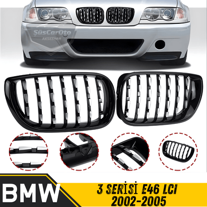Bmw 3 Serisi E46 LCI 2002-2005 Uyumlu Ön Panjur Böbrek Krom Izgara Diamond İthal Piano Black 1.Sınıf Sağ Sol Takım image 0