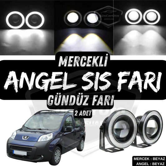 Peugeot Bipper 2008-2022 Uyumlu Üniversal Mercekli Angel Sis Farı Metal Su Geçirmez 76 mm Beyaz Halkalı Gündüz Farı Angel Eyes 2 Adet image 0