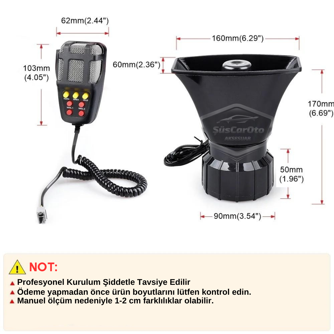 Her Araca Uyumlu 7 Sesli Güçlü Siren Korna Mikrofonlu Megafonlu 12V Polis Sireni 100W image 2