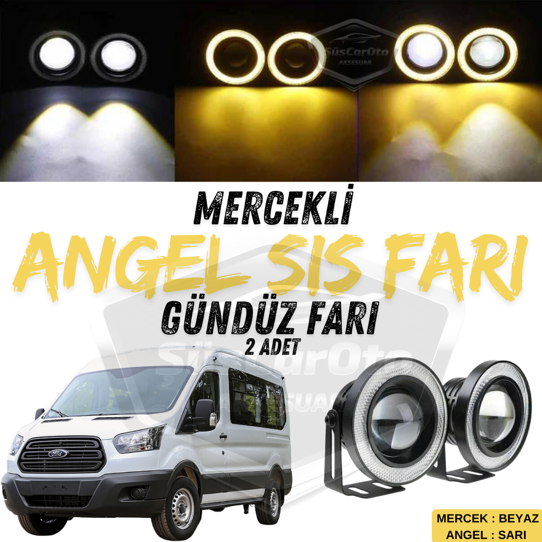 Ford Transit Tüm Modeller Uyumlu Üniversal Mercekli Angel Sis Farı Metal Su Geçirmez 76 mm Sarı Halkalı Gündüz Farı Angel Eyes 2 Adet image 0