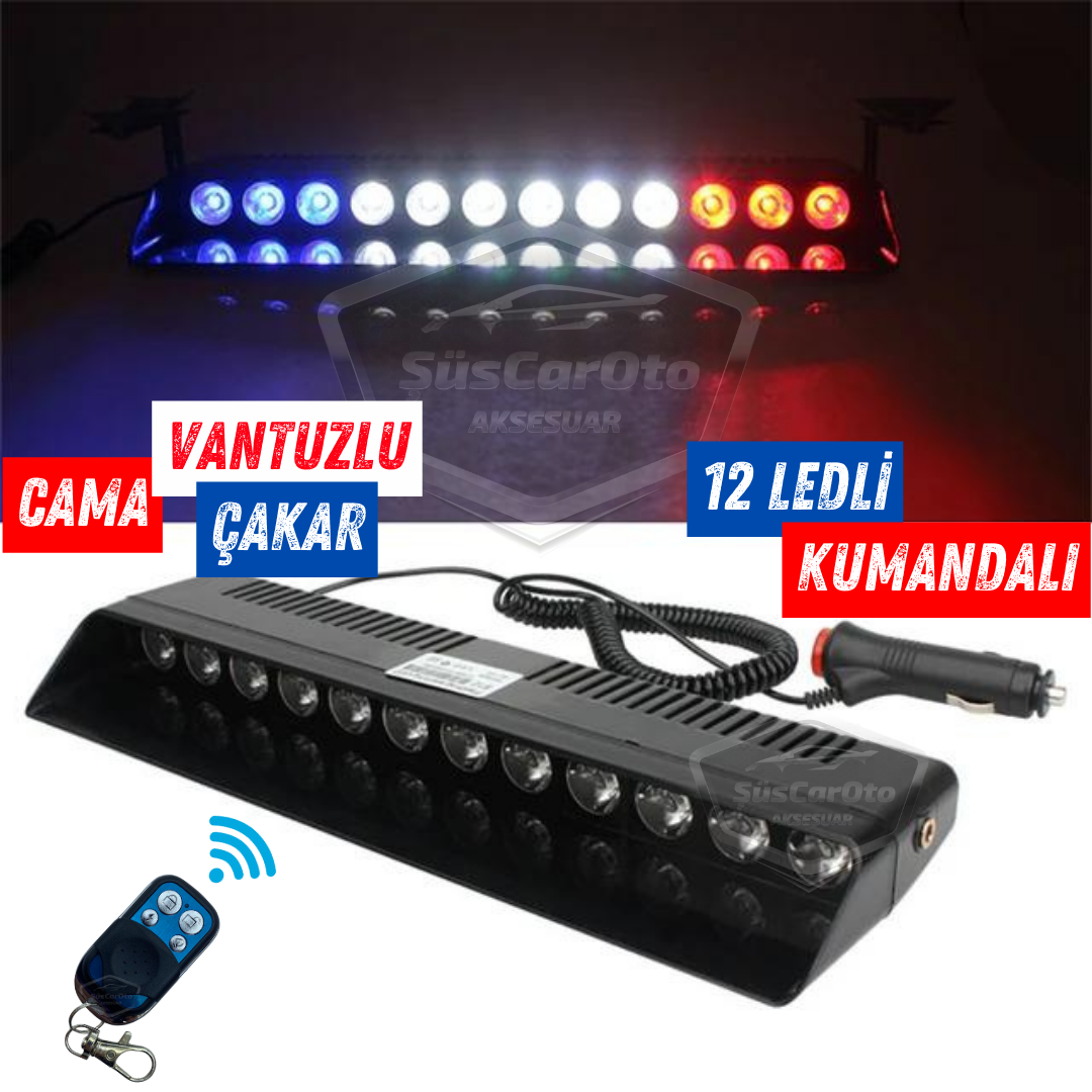 S12 Kumandalı Cam İçi Vantuzlu Polis Çakar Lamba İkaz Lambası 12 Ledli 14 Farklı Mod Kablosuz Kırmızı Beyaz Mavi 3 Renk Çakmaklık Girişli image 0