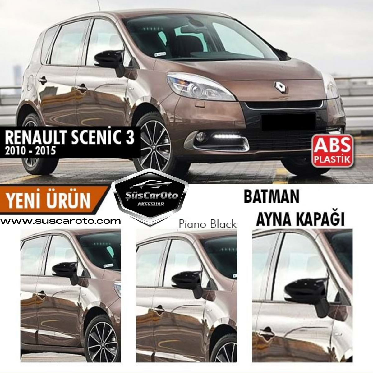 Renault Scenic 3 2010-2015 Batman Yarasa Ayna Kapağı Piano Black ABS Plastik image 0