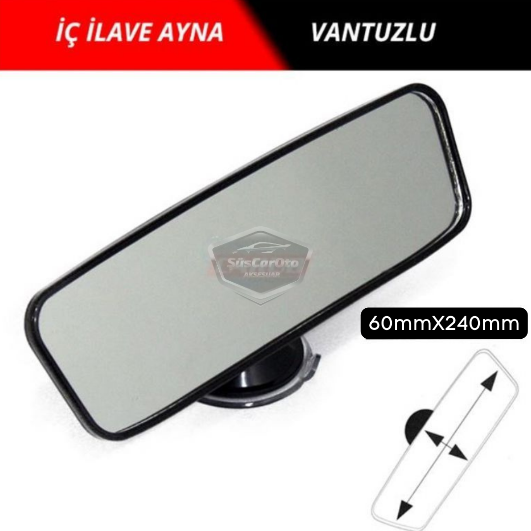 Her Araca Uyumlu Siyah Çerçeveli Dikiz Aynası 60 mm x 240 mm Vantuzlu İç İlave Ayna image 0