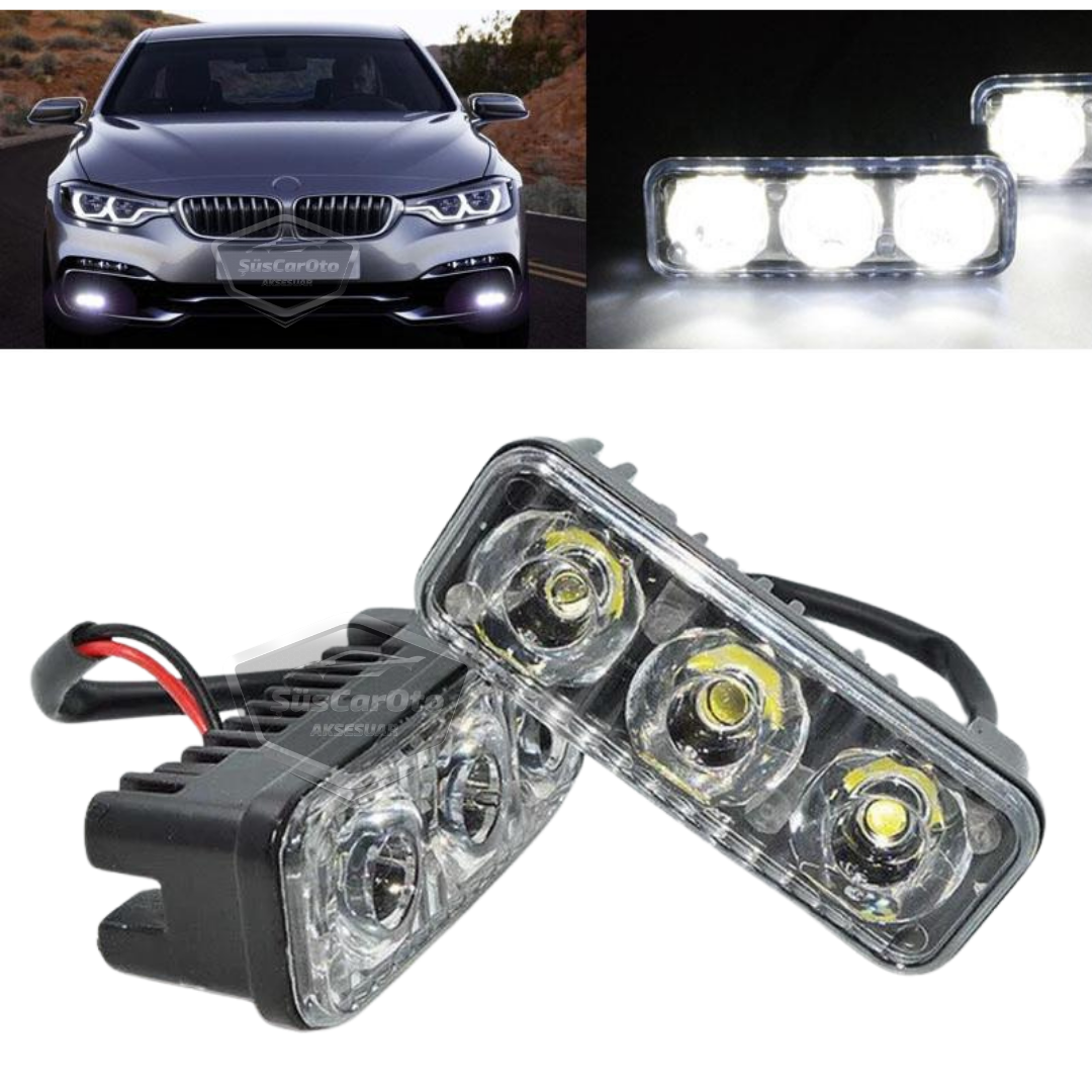 DRL 3 Led Mercekli Araba Gündüz Farı Araç Motosiklet Gündüz Ledi Oto DRL Led Lamba Güçlü Işık 12V Su Geçirmez Metal Beyaz 2 Adet image 0