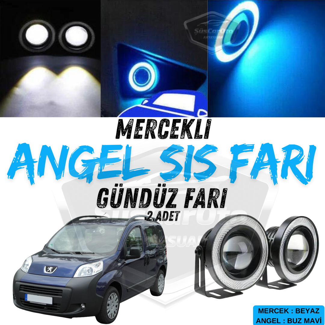 Peugeot Bipper 2008-2022 Uyumlu Üniversal Mercekli Angel Sis Farı Metal Su Geçirmez 76 mm Buz Mavi Halkalı Gündüz Farı Angel Eyes 2 Adet image 0