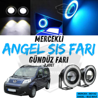 Peugeot Bipper 2008-2022 Uyumlu Üniversal Mercekli Angel Sis Farı Metal Su Geçirmez 76 mm Buz Mavi Halkalı Gündüz Farı Angel Eyes 2 Adet image 0
