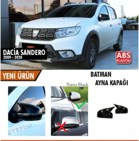 Dacia Sandero 2009-2020 Batman Yarasa Ayna Kapağı Piano Black ABS Plastik image 0