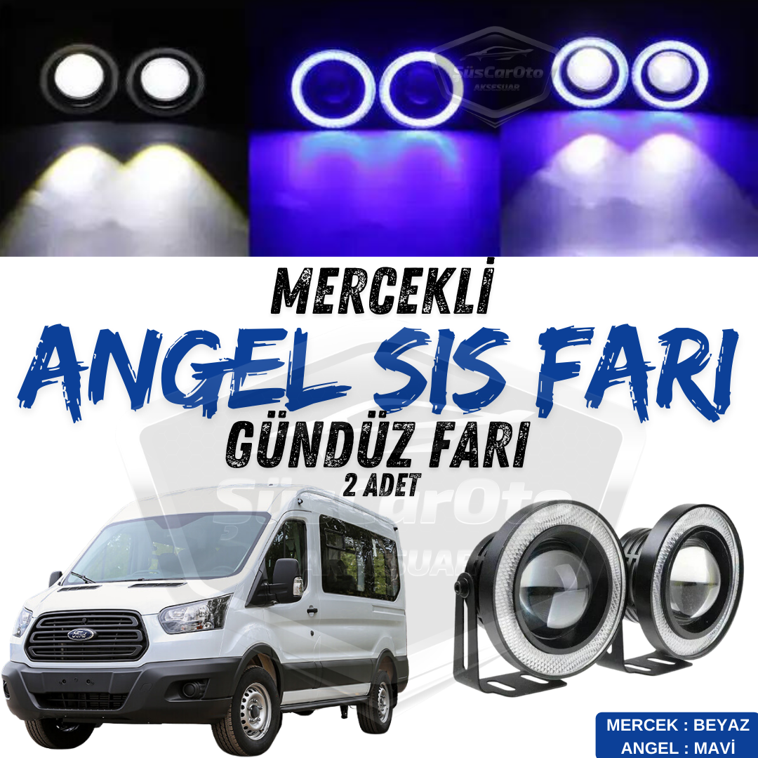 Ford Transit Tüm Modeller Uyumlu Üniversal Mercekli Angel Sis Farı Metal Su Geçirmez 76 mm Mavi Halkalı Gündüz Farı Angel Eyes 2 Adet image 0