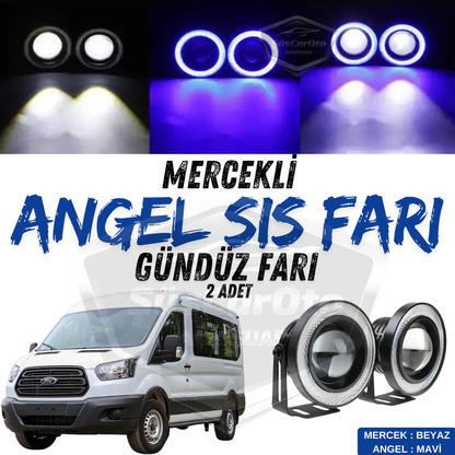Ford Transit Tüm Modeller Uyumlu Üniversal Mercekli Angel Sis Farı Metal Su Geçirmez 76 mm Mavi Halkalı Gündüz Farı Angel Eyes 2 Adet image 0