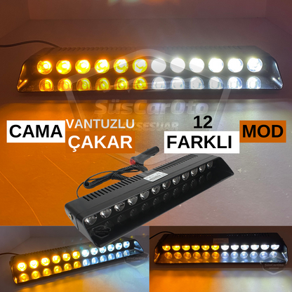S12 Cam İçi Vantuzlu Ambulans İtfaiye Çakar Lamba İkaz Lambası 12 Ledli 12 Farklı Mod Sarı Beyaz Çakmaklık Girişli image 0