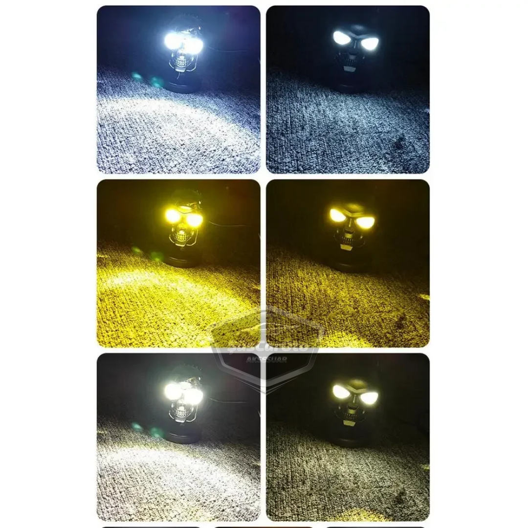 Universal Kurukafa Sis Farı Çakarlı Çift Renk Sarı-Beyaz 9-60V Kafatası Araç Motosiklet Off Road Led Lamba Delici Yayıcı Projektör 50W Metal Arazi Çalışma Lambası 1 Adet Krom image 8