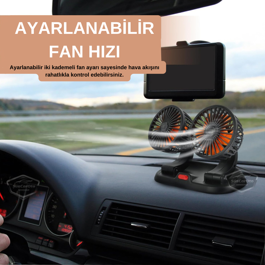 Üniversal Oto Ofis Araç İçi Torpido Üstü Vantilatör Çift Başlıklı USB Girişli 2 Kademeli Soğutucu Fan 360° Dönebilen Ultra Sessiz Oynar Başlıklı Araç Fanı image 1