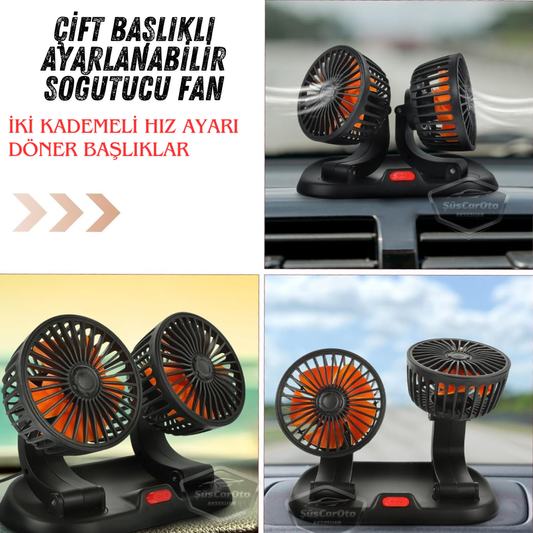 Üniversal Oto Ofis Araç İçi Torpido Üstü Vantilatör Çift Başlıklı Çakmaklık Girişli 2 Kademeli Soğutucu Fan 360° Dönebilen Ultra Sessiz Oynar Başlıklı Araç Fanı 12V image 0