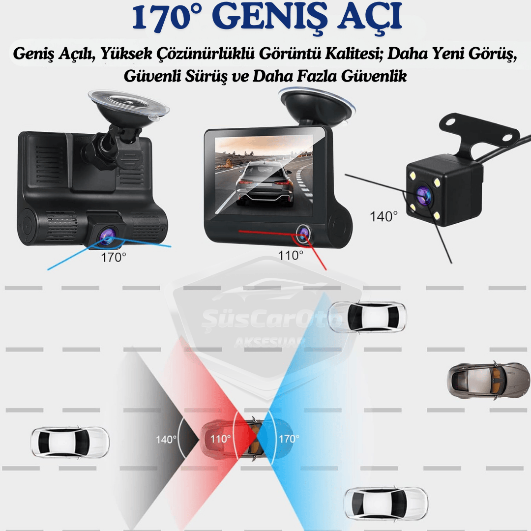 3 Kameralı Kayıt Cihazı İç Ön Arka Geri Görüş Kameralı Monitör 4.0" 1080P Full HD Kayıt Çarpışma Algılayıcı Sensörlü Gece Görüşlü Park Sensörü Sesli Yol Kayıt image 2