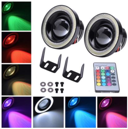 Üniversal Mercekli Angel Sis Farı Metal Su Geçirmez 89 mm Halkalı Angel Eyes RGB Kumandalı image 0
