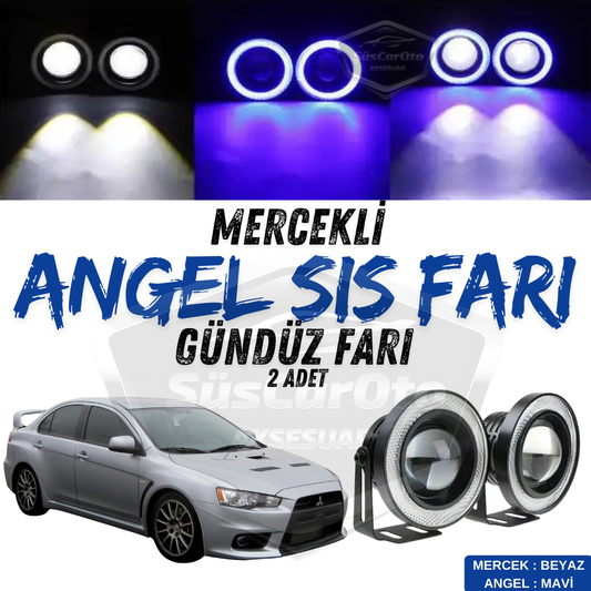 Mitsubishi Lancer 2007-2014 Uyumlu Üniversal Mercekli Angel Sis Farı Metal Su Geçirmez 76 mm Mavi Halkalı Gündüz Farı Angel Eyes 2 Adet image 0
