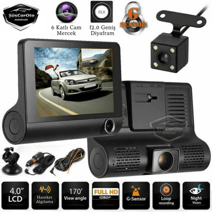 3 Kameralı Kayıt Cihazı İç Ön Arka Geri Görüş Kameralı Monitör 4.0" 1080P Full HD Kayıt Çarpışma Algılayıcı Sensörlü Gece Görüşlü Park Sensörü Sesli Yol Kayıt image 0
