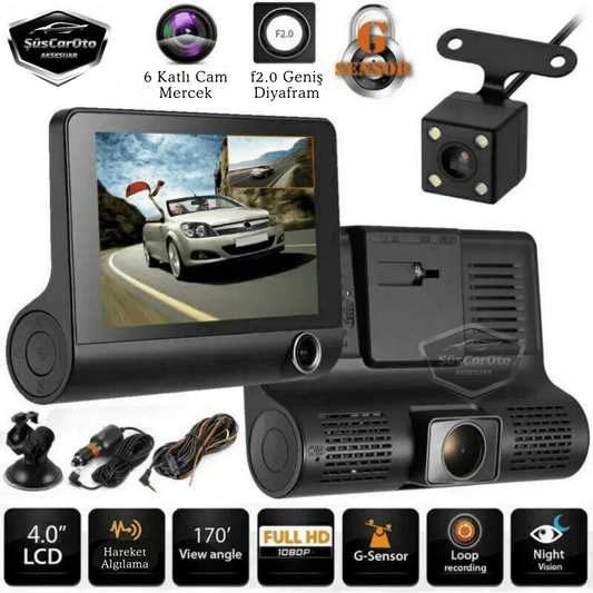 3 Kameralı Kayıt Cihazı İç Ön Arka Geri Görüş Kameralı Monitör 4.0" 1080P Full HD Kayıt Çarpışma Algılayıcı Sensörlü Gece Görüşlü Park Sensörü Sesli Yol Kayıt image 0